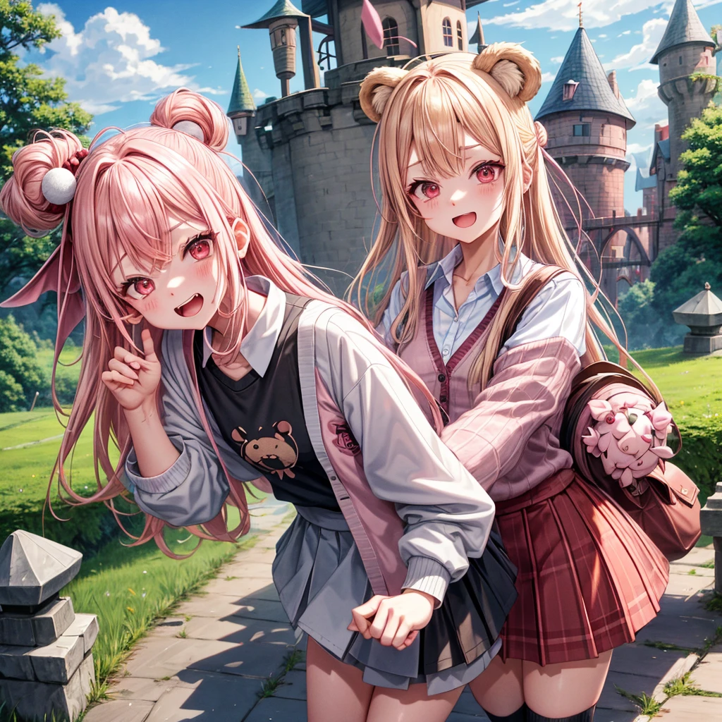 Pink Blonde、Red eyes、Hair tied up、Two cute、Checked mini skirt、black t-shirts、cardigan、Knee-high socks、bear ears baseball cap、Teeth are visible、Monster Castle、Tilting face、crossing the bridge、hazakura、windmill、grass、Stones are growing out of the ground.、impregnable