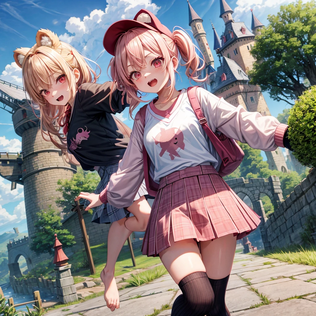 Pink Blonde、Red eyes、Hair tied up、Two cute、Checked mini skirt、black t-shirts、cardigan、Knee-high socks、bear ears baseball cap、Teeth are visible、Monster Castle、Tilting face、crossing the bridge、hazakura、windmill、grass、Stones are growing out of the ground.、impregnable