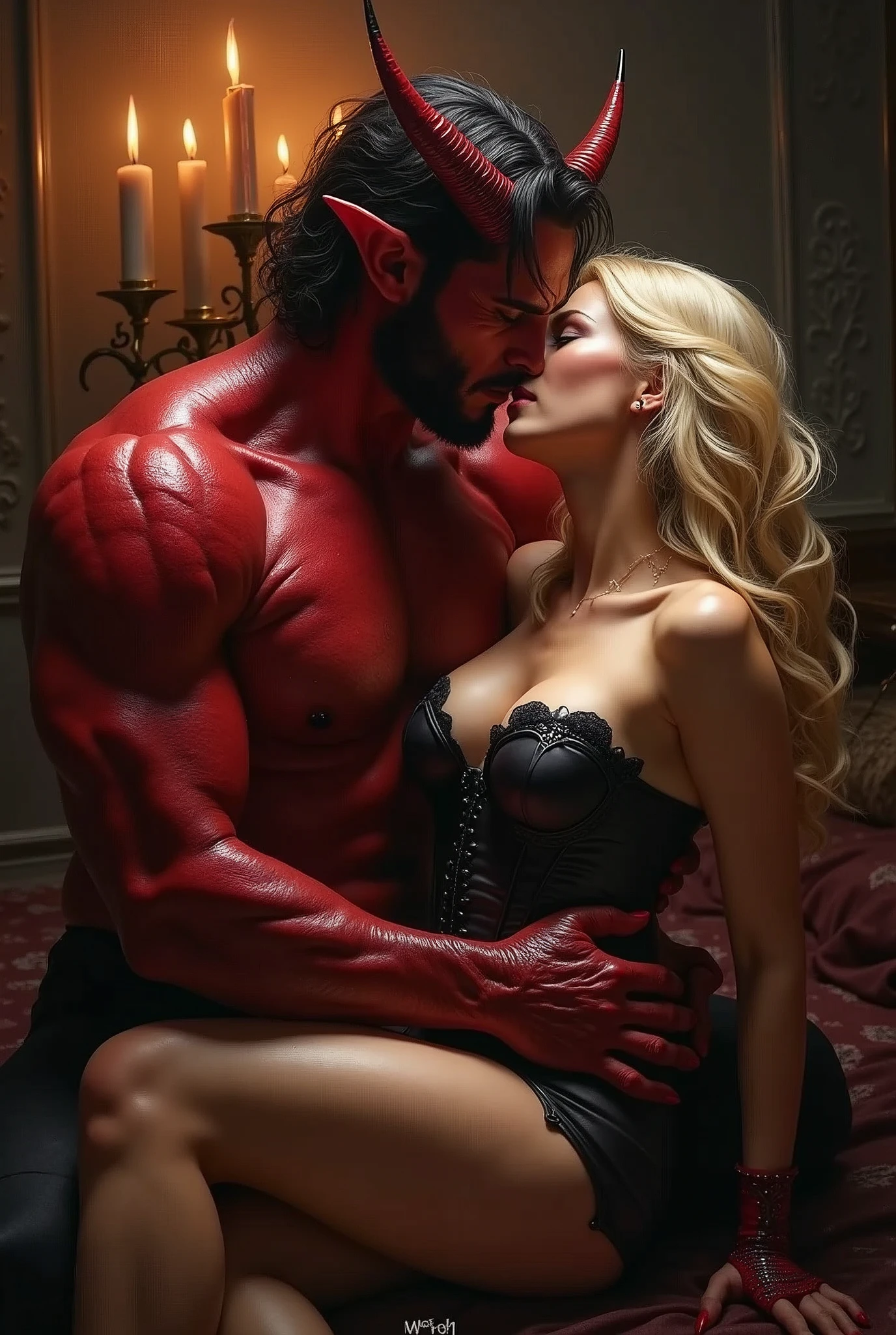 a tall, handsome male red-skinned Incubus demon is having sexual intercourse with a blonde human female, she is wearing a black leather corset, her head is tilted back in extasy
