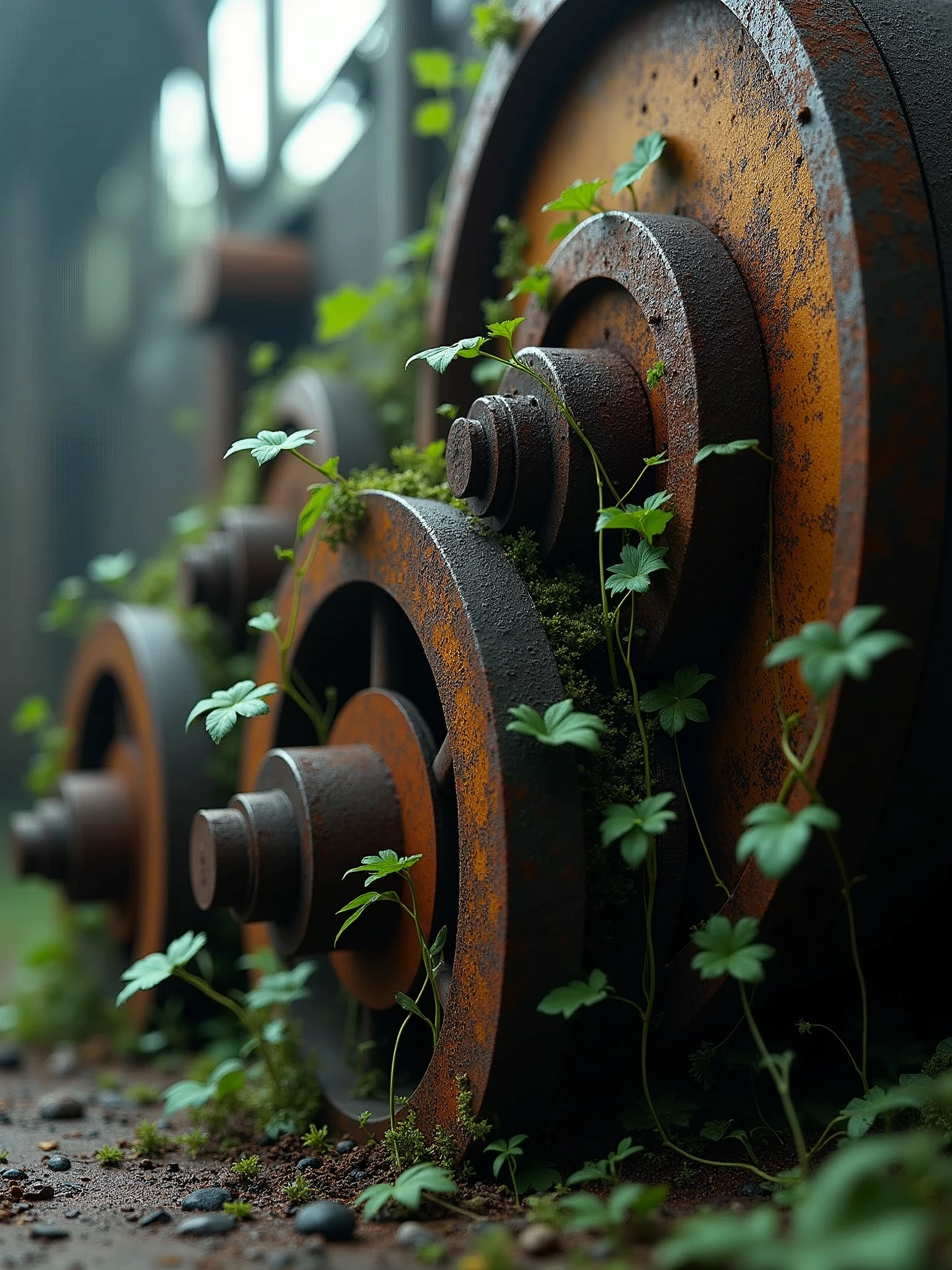 A detailed view of abandoned industrial machinery being reclaimed by nature. Flaking rust patterns, vines weaving through gears, peeling paint, textures of metal and decay, shafts of light highlighting textures, extreme close-up, gritty, atmospheric light.