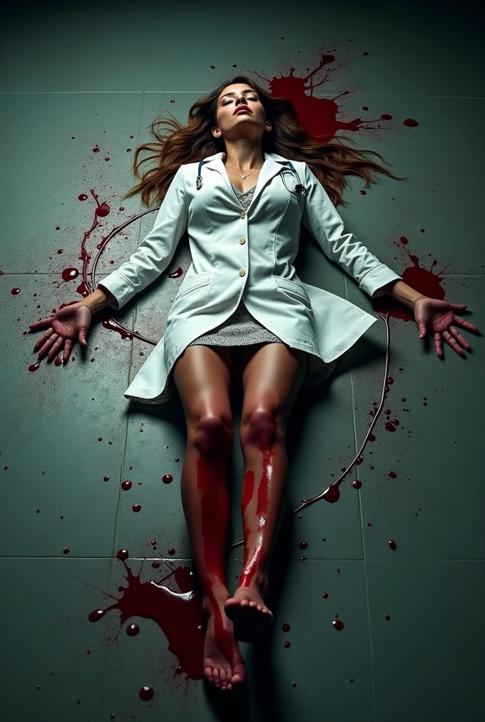 A female doctor who has been raped is lying on the ground, with blood around her, and the female is now lying dead. 