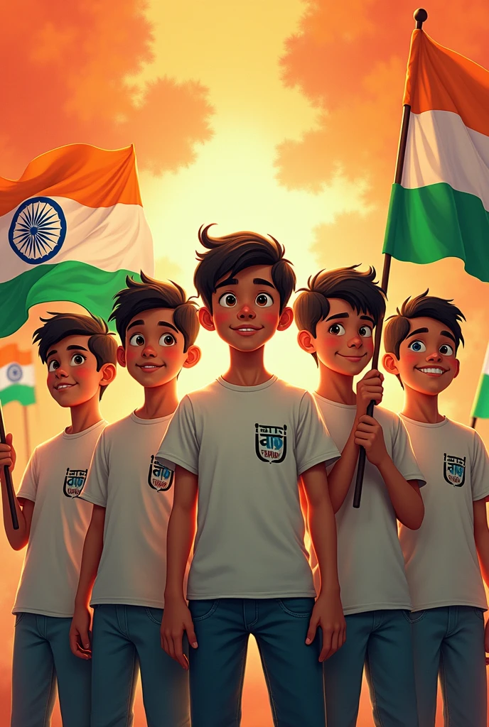 "A group of boys stands together, each holding an Indian flag. They are set against a lively tricolor background. Their t-shirts feature their names: 'Aayu,' 'Ajay,' 'Aman,' 'Adarsh,' 'MiMaddy,' creating a sense of unity and patriotism."