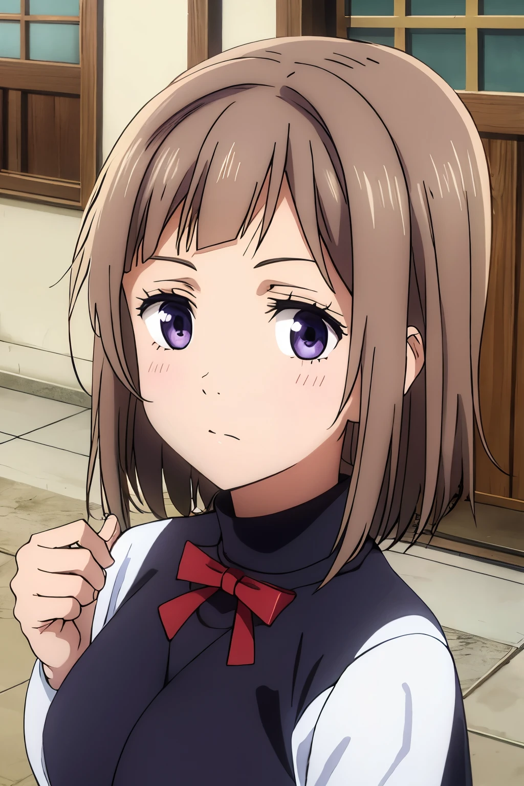 Brown chocolate hair, lilac eyes, normal clothes