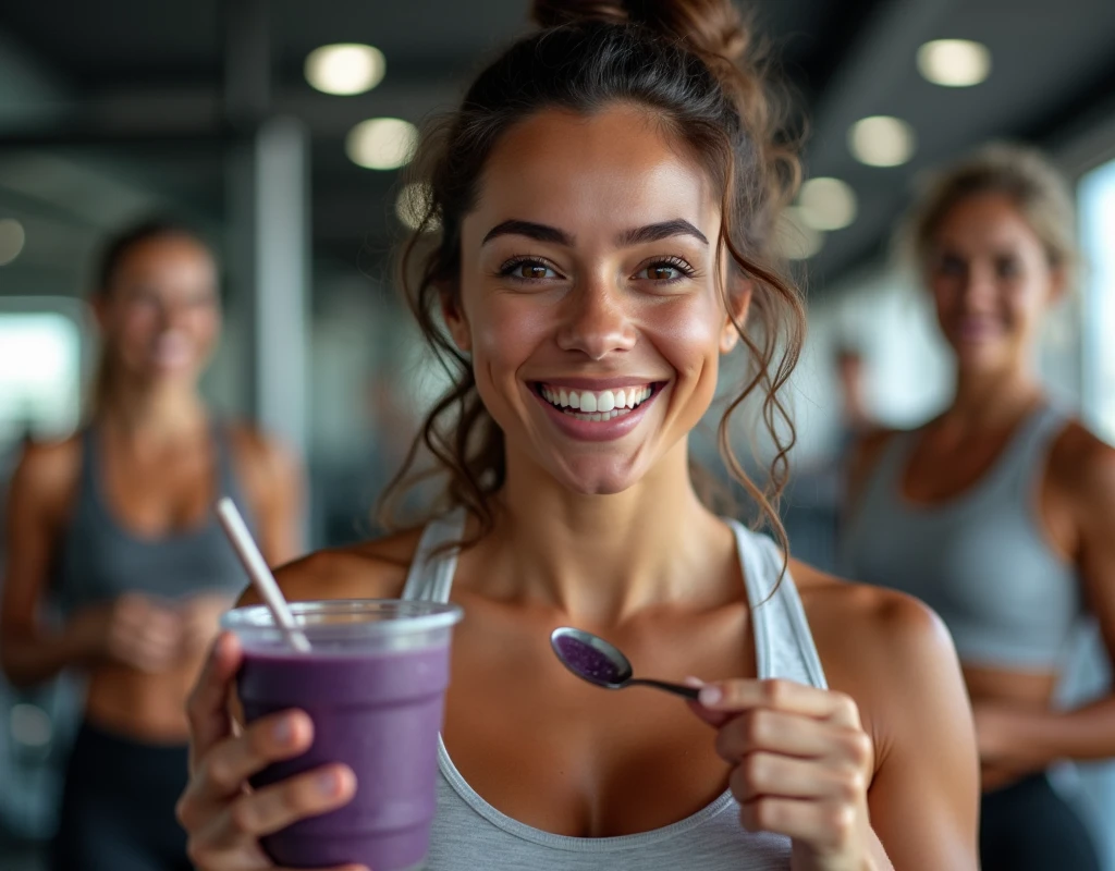 A Brazilian woman at the gym, The woman has a defined body, wearing a white gym shirt with black leggings, with a close-up capturing the moment, she's drinking a small cup of acai, without a straw , showing off your natural charm and outgoing personality, her mouth is open ready to consume, and with a spoon in hand she shows satisfaction in eating. There are people in the background of the landscape watching her eat