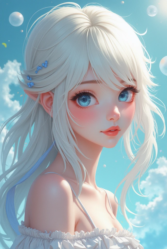 A platinum blonde girl with pastel blue anime hair
