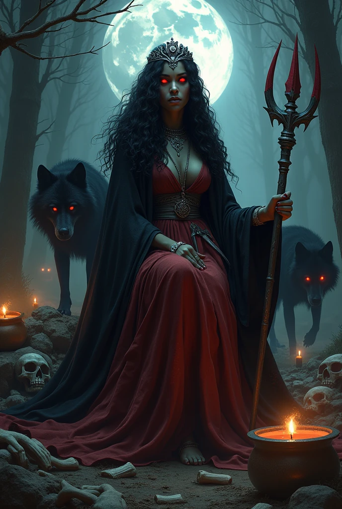 black skinned woman, black veil over face, long black curly hair, full moon light, forest or swamp, cloths covering breasts, knife or dagger in leg, seated on bones, Trident in hand, silver crown, barefoot, many black wolves in the background, veil covers face, Red eyes, red and red dress, necklaces, candles, calaveras, naked, wind, cauldron, blood