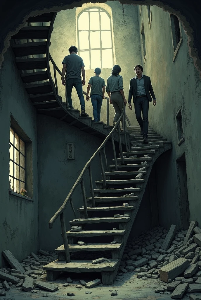 4. Find the Stairs to the Upper Floor
- Scene 4: They find an old ladder that looks fragile. Carefully, they climbed the stairs one by one, their faces showing tension. The stairs creaked every time they took a step.