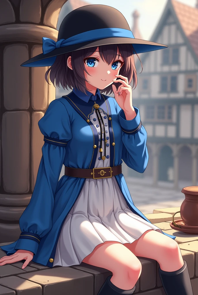 Female, Anime, Medieval, Short brown-haired, Faired skin, Blue eyes, Black hat with a singular blue stripe, Blue long-sleeved shirt, White skirt, Black boots