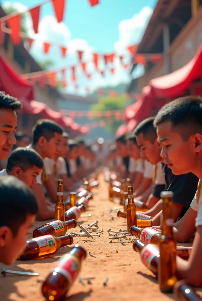 Make me a competition where people put nails in bottles and each person bites the nail to put it in the bottle., This competition is held to commemorate Indonesia's Independence Day, create a 3D style.