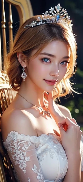 (((masterpiece)))、((Highest quality))、((超Realistic))、bride、wedding、Inside the luxurious palace、Place your hands on the chair、Flawless5Finger、Luxurious floral dresses、Lightly Dressed、A modest tiara、Earrings、necklace、Formal Wear、night景、illumination、blue eyes、blonde、short hair、Hair tied up、Full body photo、Sexy Face、short hair、 A look of complete lust、20-year-old women、perspective、Very detailed、Flawless誘惑、Best image quality、Fine-grained image quality、beautiful、European women,Italian women,Japanese women, smile、blue eyes、jewelry, Realistic, High resolution, Glowing Skin, (Detailed face), night, blonde, Wavy Hair,attractive appearance, smile、C cup