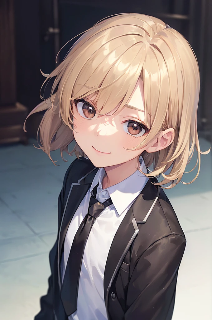 (((masterpiece; best quality: 1.2))), (finely detailed eyes: 1.3), ((1 male teen)), ((solo)), (brown eyes: 1.4), (body shape; lean, masculine, manly: 1.3), (very short blond hair: 1.3), (clear background: 1.2), ((depth of field)), (equipment: school uniform + black jacket + black necktie + white shirt: 1.3), (anime illustration: 1.2), (background composition; japanese highschool classroom + furniture: 1.1), (extremely handsome: 1.1), (shot composition; standing + centered on face + medium-shot close-up: 1.5), (facial expression; calm + smile: 1.2)