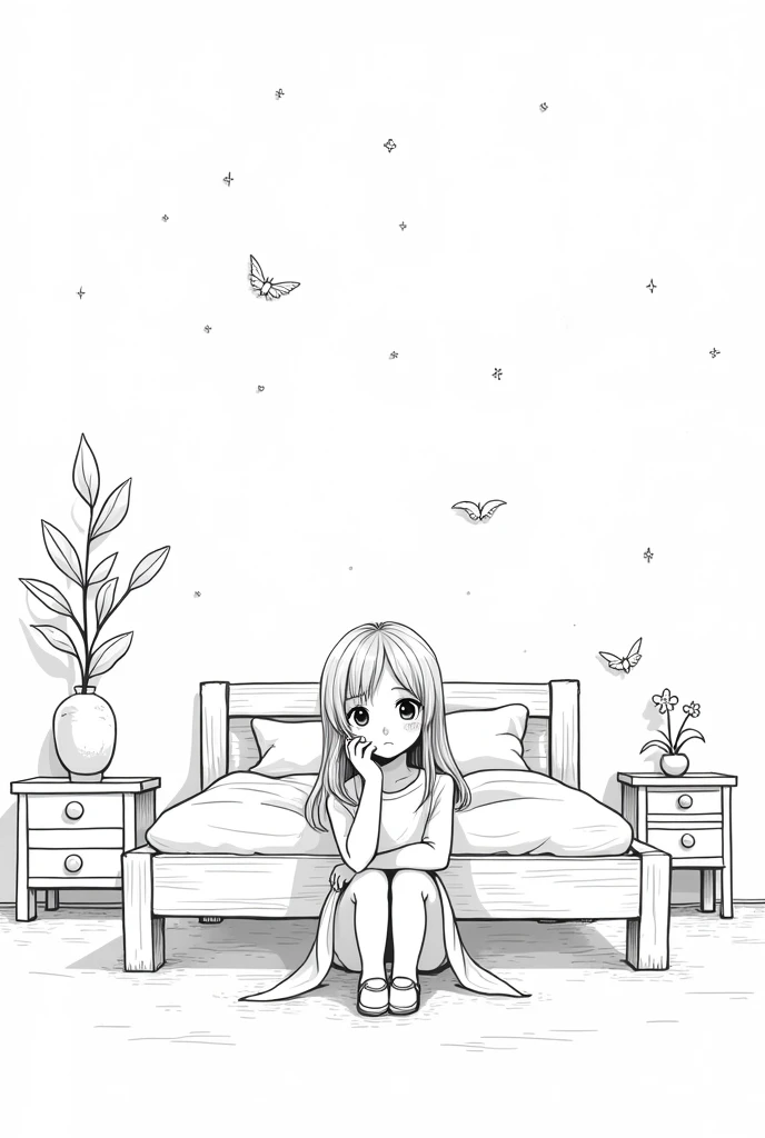 A girl in her room, black and white, coloring book art