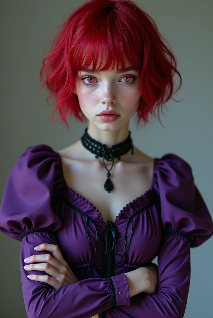 19-year-old girl with pale white skin, bright blood red short hair, With Nordic features
, pink eyes, cold and indifferent And boring, look, wearing a purple gothic short dress,Crossing arms
