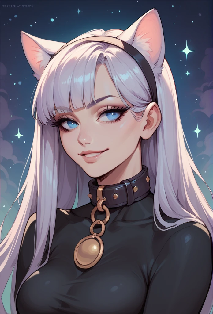 1girl, cat ears, long hair, bangs, light purple hair, gorgeous blue eyes, eyeliner, long lashes, collar, black top, breasts, starry background, soft smile, partial profile