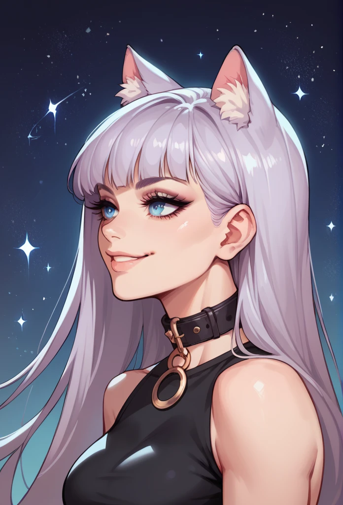 1girl, cat ears, long hair, bangs, light purple hair, gorgeous blue eyes, eyeliner, long lashes, collar, black top, breasts, starry background, soft smile, partial profile