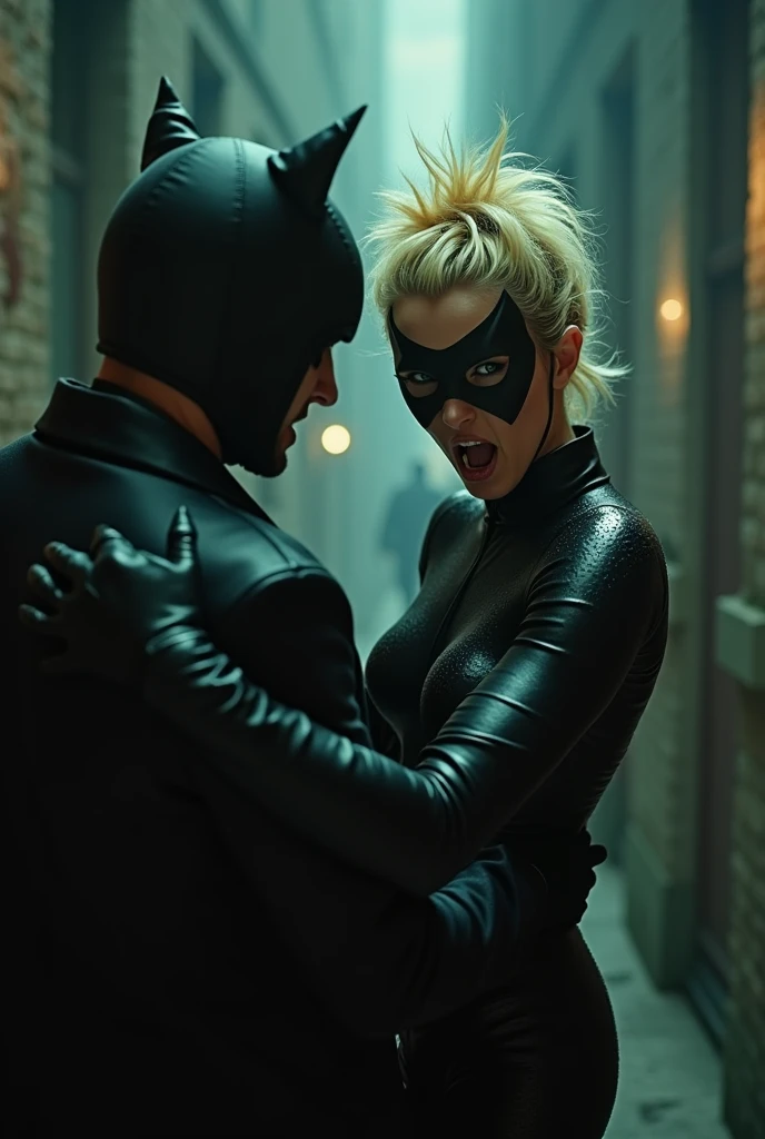 cinematic film still of Catwoman a messy hair blonde angry woman in a catwoman costume is being held up by a man tim burton style,1girl,looking at viewer,blonde hair,gloves,teeth,solo focus,collar,lips,bodysuit,makeup, licking tongue,mask,clenched teeth,angry,realistic,domino mask, claws, 1990s, shallow depth of field, vignette, highly detailed, high budget, bokeh, cinemascope, moody, epic, gorgeous, film grain, grainy