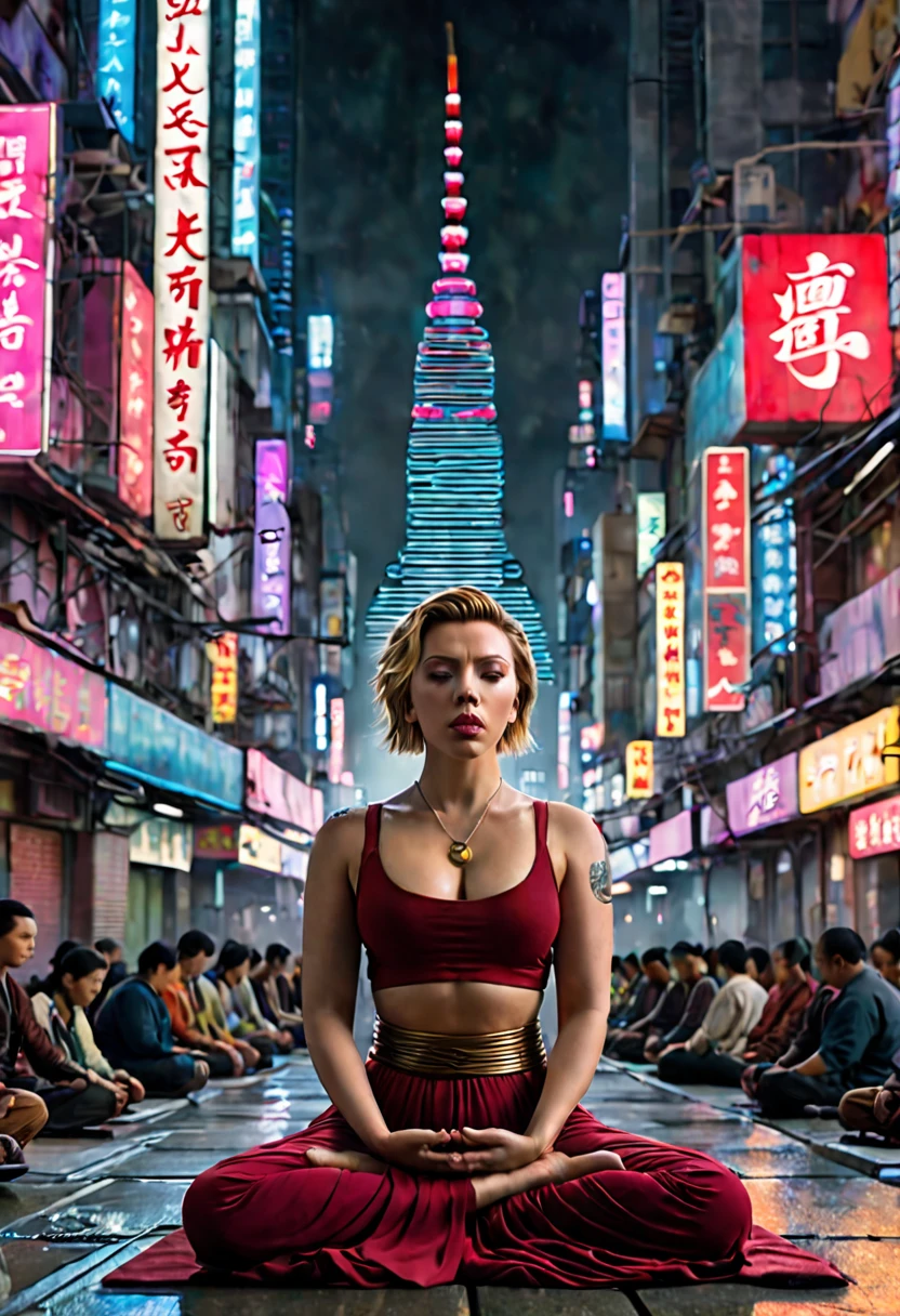 Buddha(played by scarlet Johansson), Meditation in the middle of the metropolis, Cyberpunk city, Cyberpunk meditation
