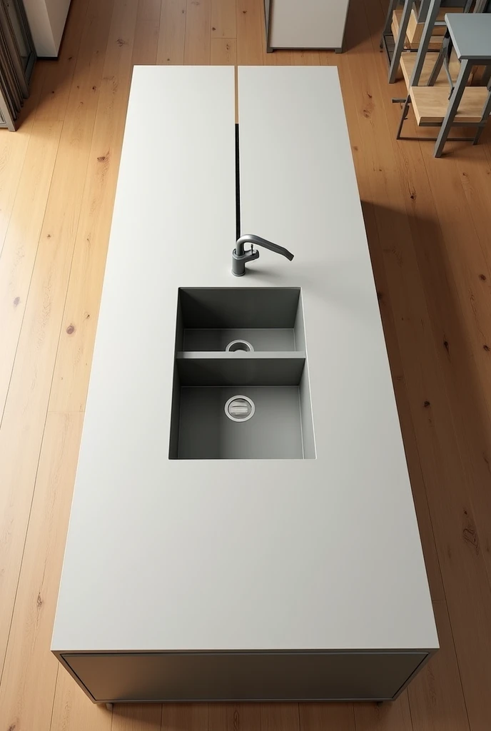 Could you provide me with images of a modern kitchen from different angles?, with wooden floor, with only the gray countertop table, only two tables in parallel, double-basin sink in the central table, light-colored melamine furniture with a transparent door between the side area of one side of the tables.