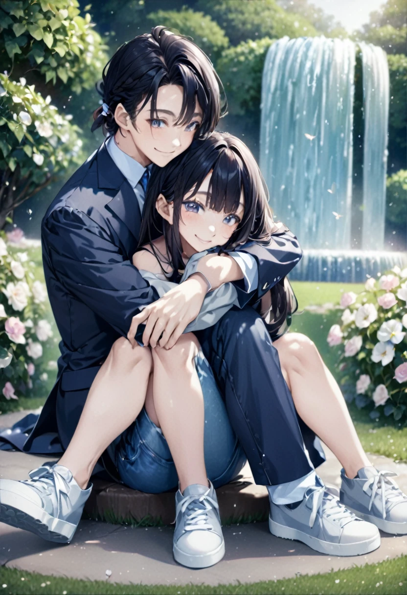 Full Body) An Asian male couple with a medium mavy mullet haircut wearing a suit and an Asian female with long hair, dressed in short jeans, pashmina, sneakers) they are sitting, hugging, smiling, their faces are focused on the front of the camera. in the garden with fountains and flowers, butterflies flutter in the wind, capturing romance with soft and romantic light reflections that look natural. 35k full HD resolution., photo