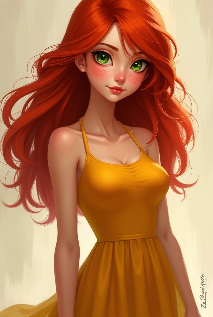 A red-haired girl with green eyes and freckles on her cheeks and nose with a pear body, large breasts and a dress that show her waist
