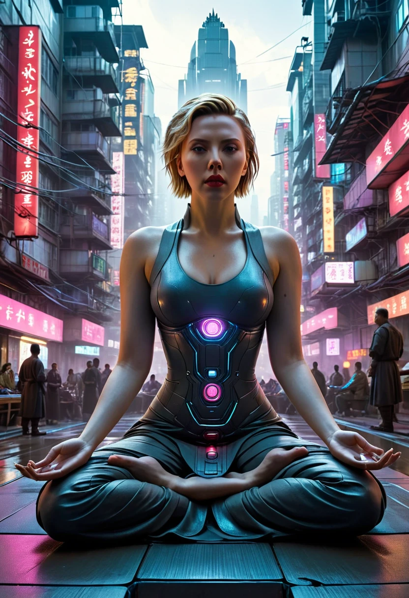 Buddha(played by scarlet Johansson), Meditation in the middle of the metropolis, Cyberpunk city, Cyberpunk meditation