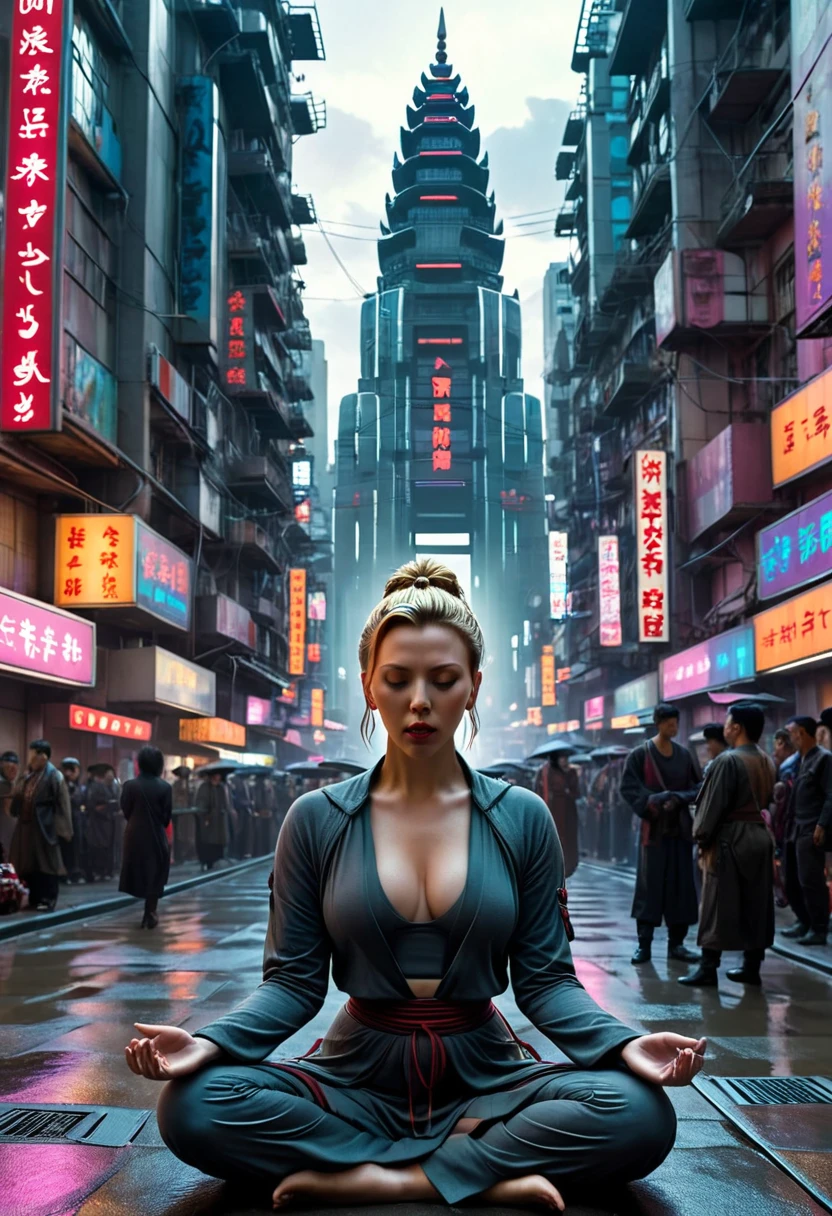 Buddha(played by scarlet Johansson), Meditation in the middle of the metropolis, Cyberpunk city, Cyberpunk meditation
