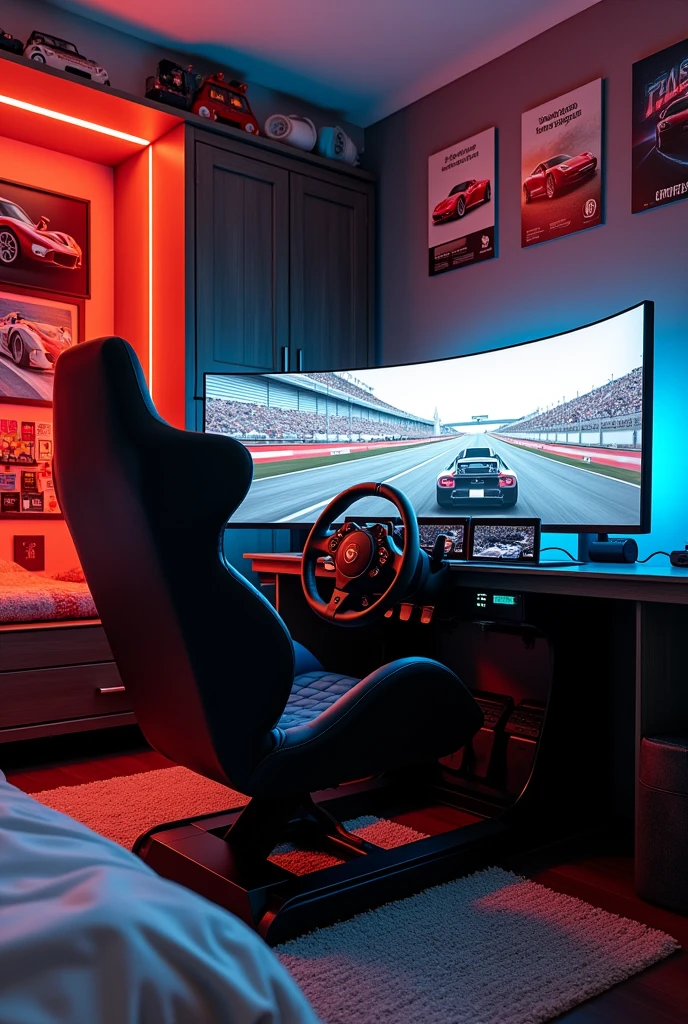 racing simulator, bed, closet, chair, room, racing car, picture RACING, computers, bedroom