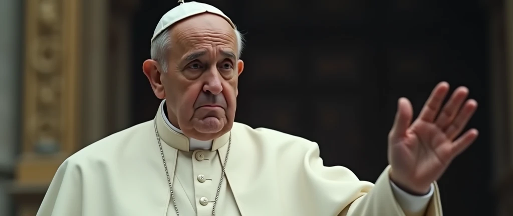 In the photo, Pope Francis points with a worried expression, saying it is very big..