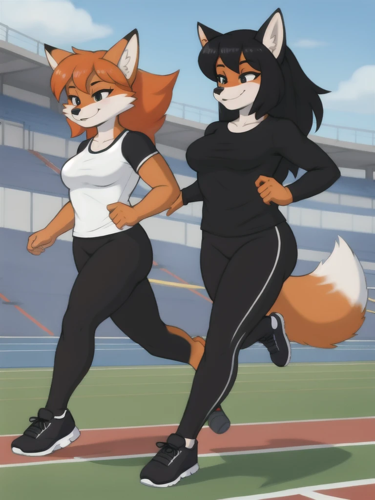 Furry, fox, female, black shirt, black leggings, shoes, running track, friends, full body