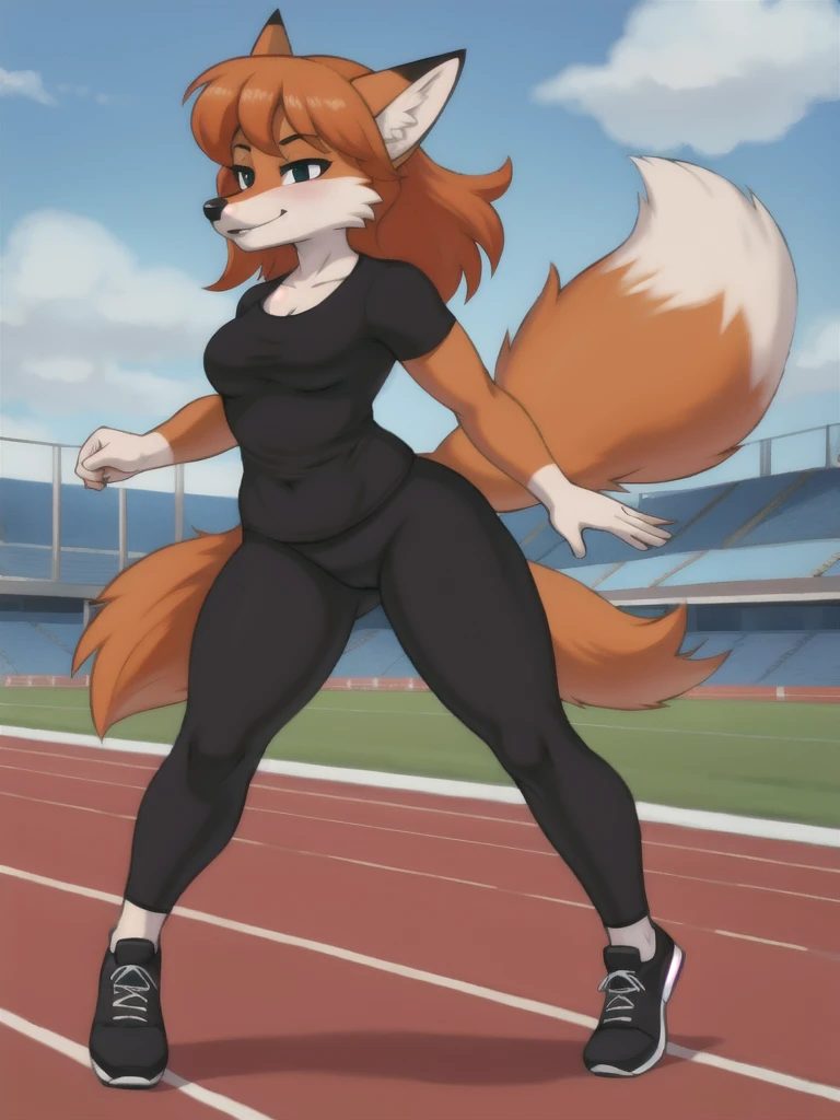 Furry, fox, female, black shirt, black leggings, shoes, running track, friends, full body