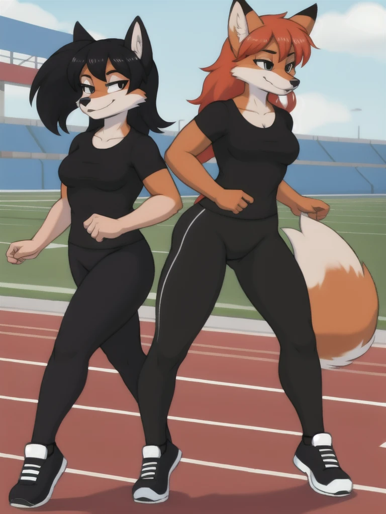 Furry, fox, female, black shirt, black leggings, shoes, running track, friends, full body