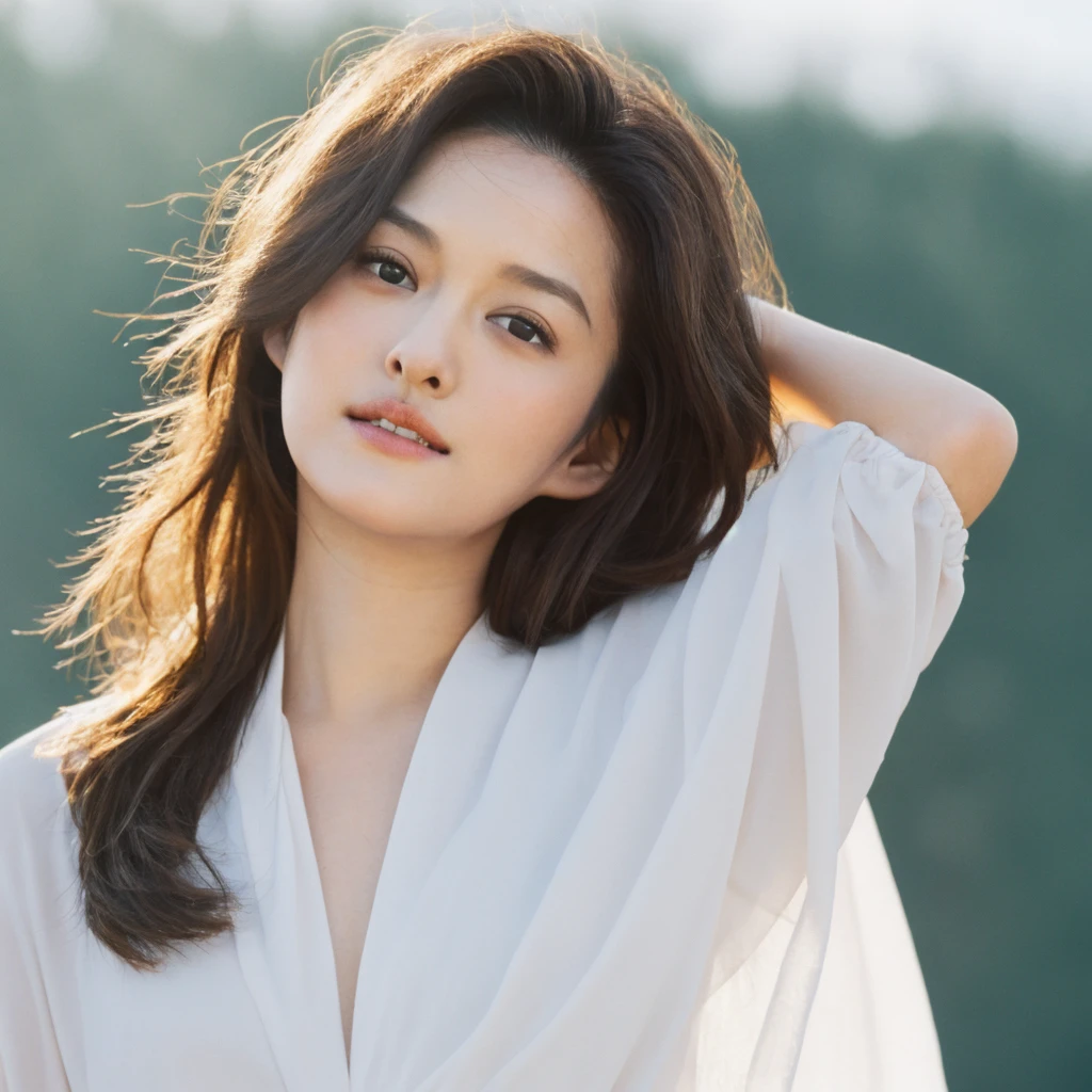 1girl, quite a bit body, Realistic photograph best quality portrait of a beautiful gorgeous young cute Asian woman, 24yo., looking at viewer, detailed face, Realistic texture human skin, bright glowing face, droopy hooded eyes, wavy nose, wind tousled short hair, seaside, (((young Marion Cotillard blended face mixed with young Anne Hathaway))), wearing white monk clothes, hand up to swing up hair, flirting smiling portrayal, ethereal girl, intimate lighting sturdy, real photo, brown eyes, best quality, masterpiece, Leica SL3, Summicron-SL 75mm ASPH, F/1.8, (cinematic still:1.2), Film Never Die Kiro 400 film, bokeh, rim lighting, silhouette, shallowed depth of field,