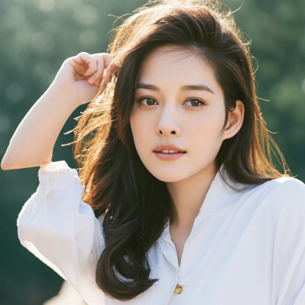 1girl, quite a bit body, Realistic photograph best quality portrait of a beautiful gorgeous young cute Asian woman, 24yo., looking at viewer, detailed face, Realistic texture human skin, bright glowing face, droopy hooded eyes, wavy nose, wind tousled short hair, seaside, (((young Marion Cotillard blended face mixed with young Anne Hathaway))), wearing white monk clothes, hand up to swing up hair, flirting smiling portrayal, ethereal girl, intimate lighting sturdy, real photo, brown eyes, best quality, masterpiece, Leica SL3, Summicron-SL 75mm ASPH, F/1.8, (cinematic still:1.2), Film Never Die Kiro 400 film, bokeh, rim lighting, silhouette, shallowed depth of field,
