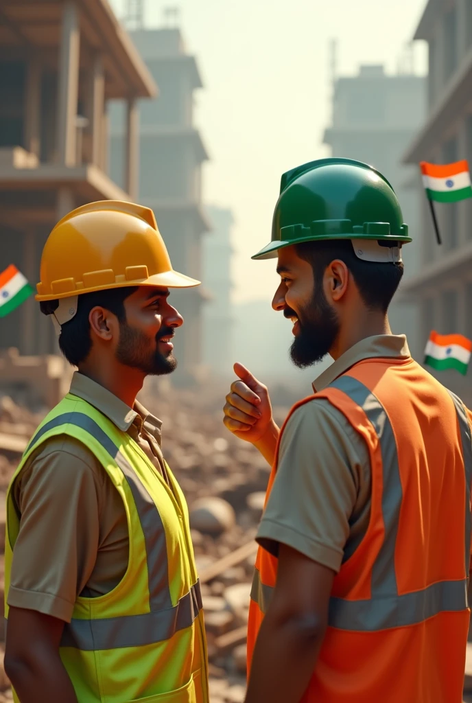 Construction workers with yellow helmet and safety officer with green helmet wishing India's independence day on August 15th