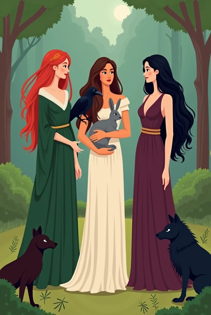 Phone wallpaper, Earthy tones, peaceful. Goddess Freya redhead straight hair dressed in dark green with a raven on her shoulder, 
Also the goddess Kore with long curly brown hair dressed in white Kore with a gray and white rabbit in her arms
And Hekate dressed in purple, wavy black hair and a black wolf at her feet. 2D drawing. simple art . forest background.