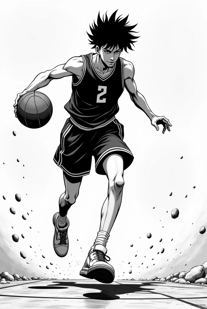 Black and white manga style, a tall basketball player with black hair