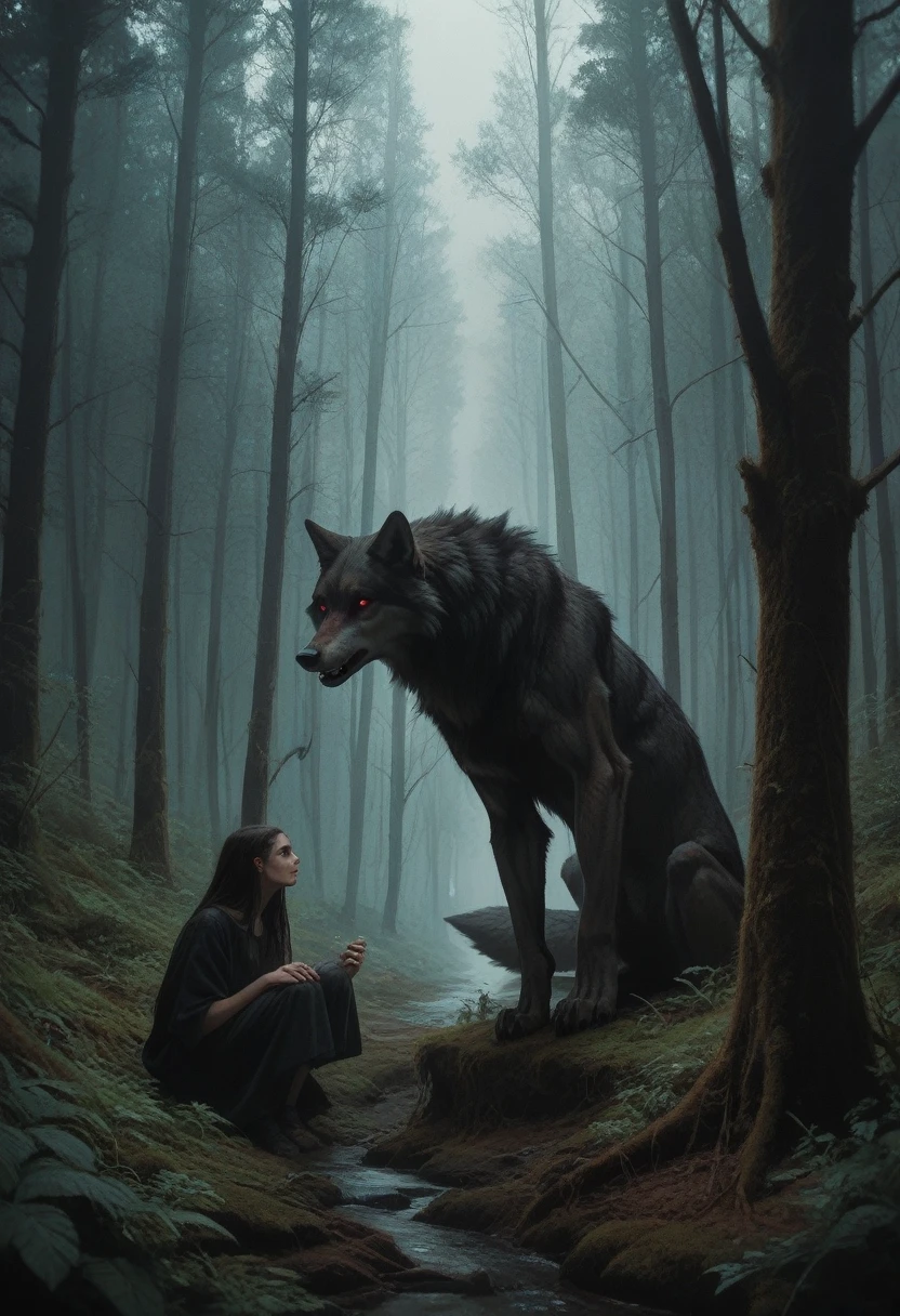 Women in a dark, shadowy Black Forest, wolves.