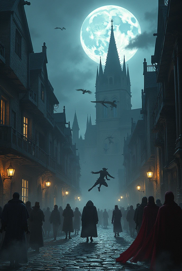 Werewolves vs vampires in a medieval city
