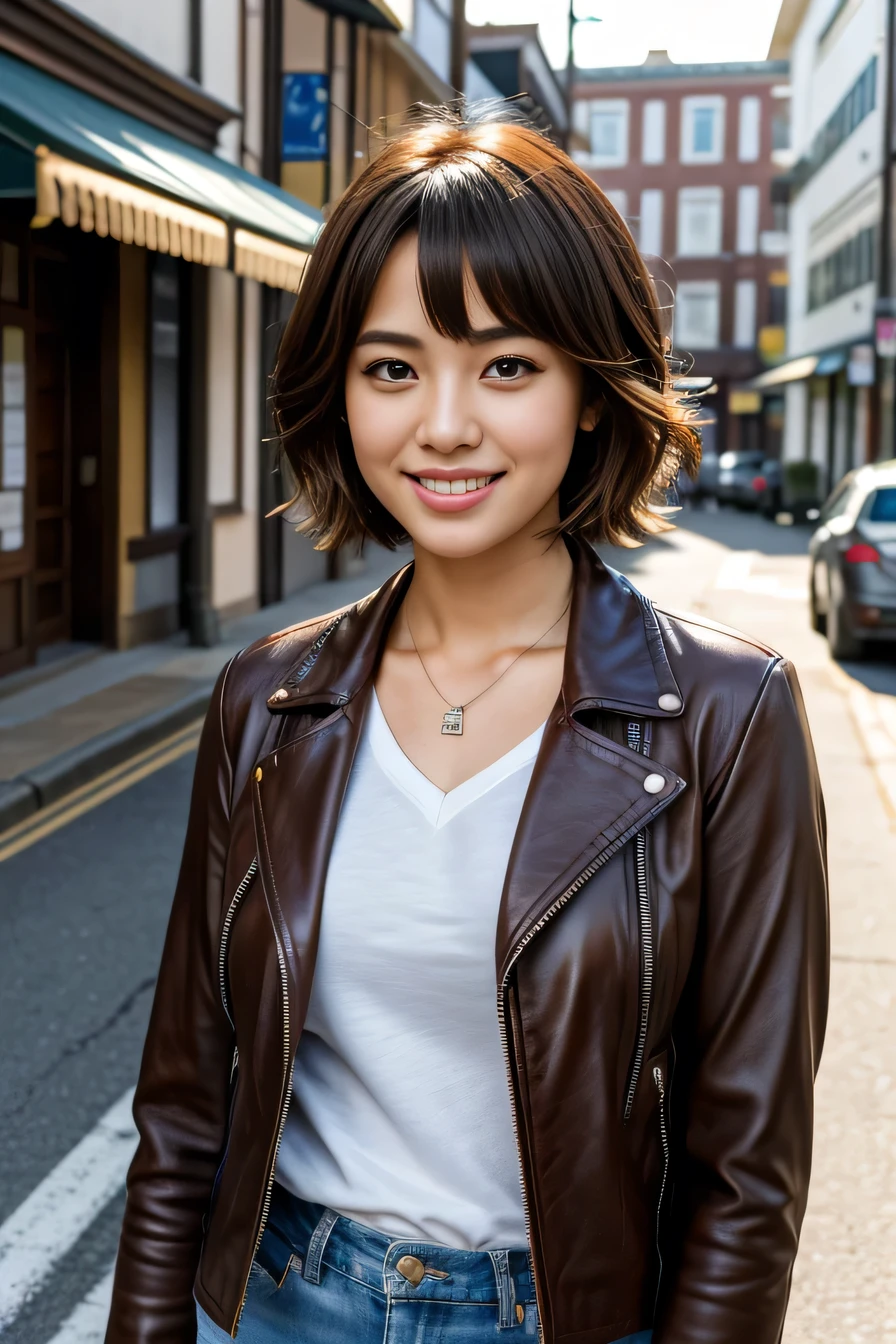 Highest quality, masterpiece, Ultra-high resolution, Beautiful Japanese Women、smile、Beautiful teeth alignment、Light brown hair、、Short Haircut、leather jacket、shirt、Ear piercing、necklace、The background is a town street. Preparing. Preparing. Waiting to start.