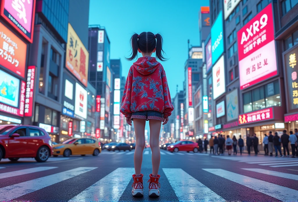 a young cyber fashion girl is standing on The real Shibuya crossing in japan, back view of whole body, Subject is in the center on the load, super zoom out shot, cyber cute fashion like a animation, chromatic aberration, wide angle shot, wide angle lens, hyper real, photo real, high contrast, 8k, 4k, high resorution, scenery of japan, kawaii japan,