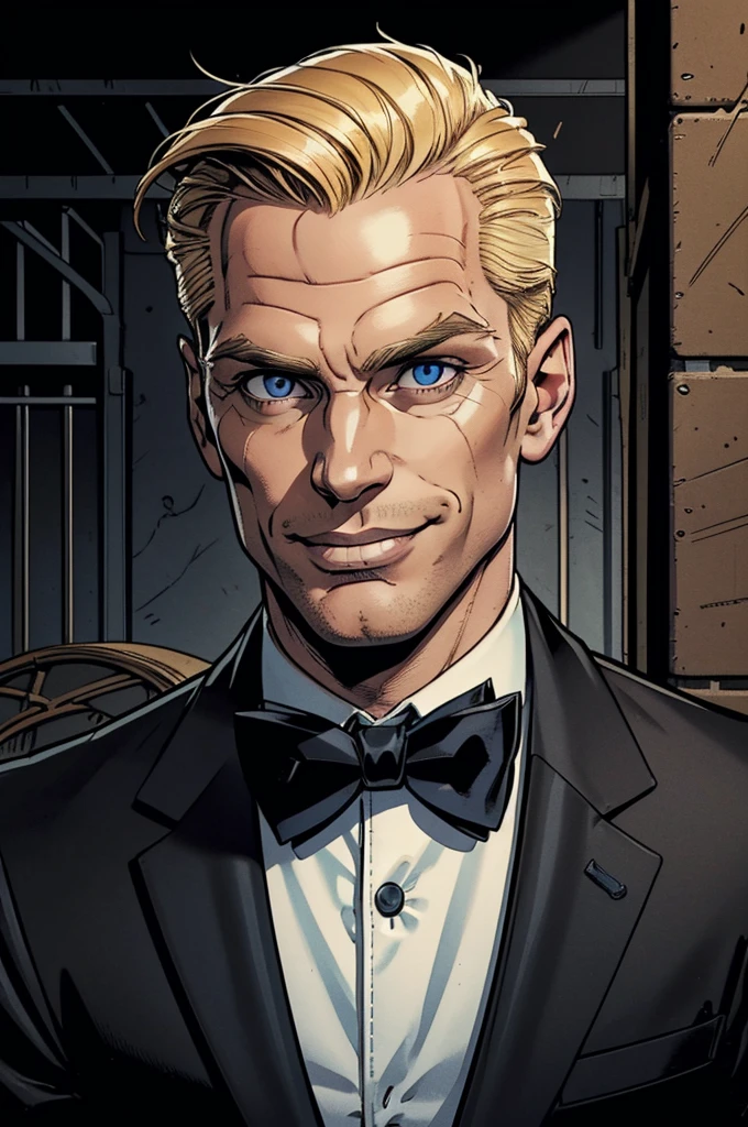 Caucasian male, 45 years old, (blond hair, short parting to the left, quiff style), square face, blue eyes, Roman nose, clean shaven, ((penetrating gaze, sinister smile)), mesomorph, fit, tall, ((wearing a suit, black with a black Slim bow tie)), (in a warehouse), vanishing point, chiaroscuro, UHD, retina, masterpiece, accurate, anatomically correct, textured skin, super detail, high details, high quality, best quality, best quality, highres