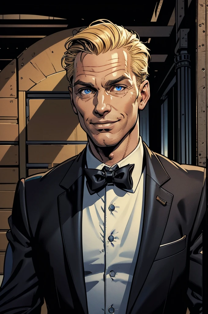 Caucasian male, 45 years old, (blond hair, short parting to the left, quiff style), square face, blue eyes, Roman nose, clean shaven, ((penetrating gaze, sinister smile)), mesomorph, fit, tall, ((wearing a suit, black with a black Slim bow tie)), (in a warehouse), vanishing point, chiaroscuro, UHD, retina, masterpiece, accurate, anatomically correct, textured skin, super detail, high details, high quality, best quality, best quality, highres
