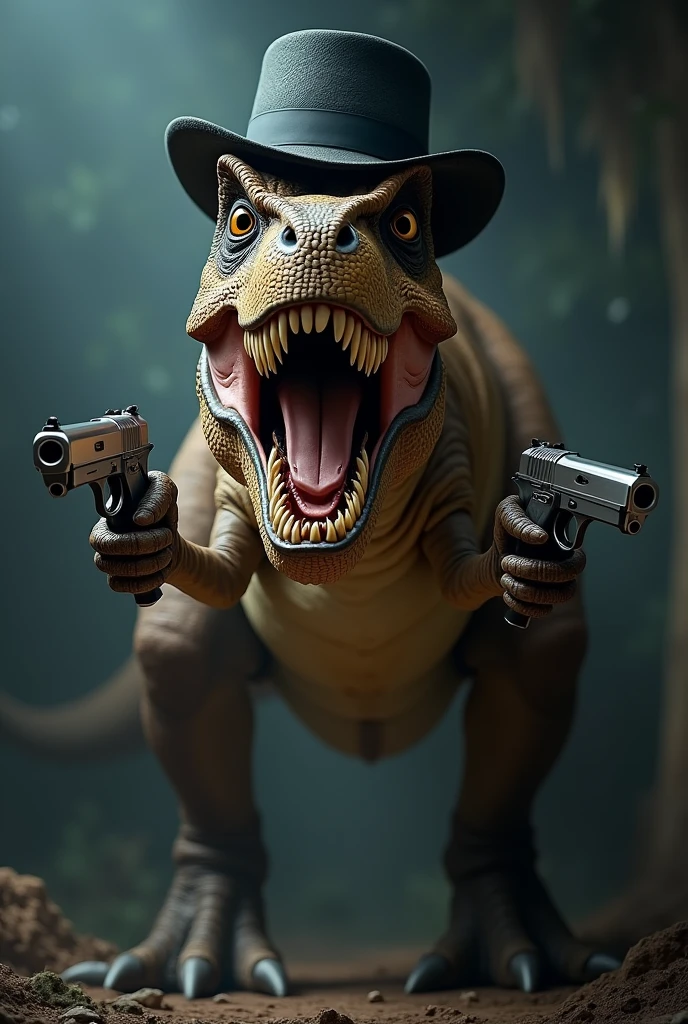 Tyrannosaurus rex wearing a bowler hat and holding two pistols