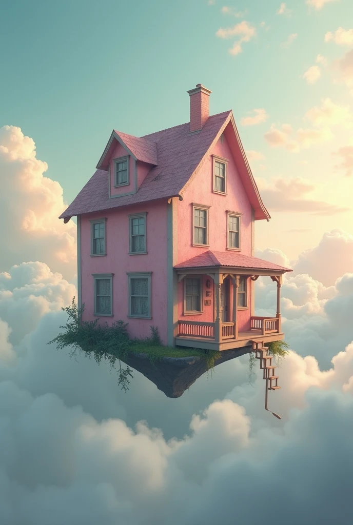 Create an image of a pink dollhouse not so pink, but with its colors losing saturation. It floats and looks like a floating island and the sky is very cloudy