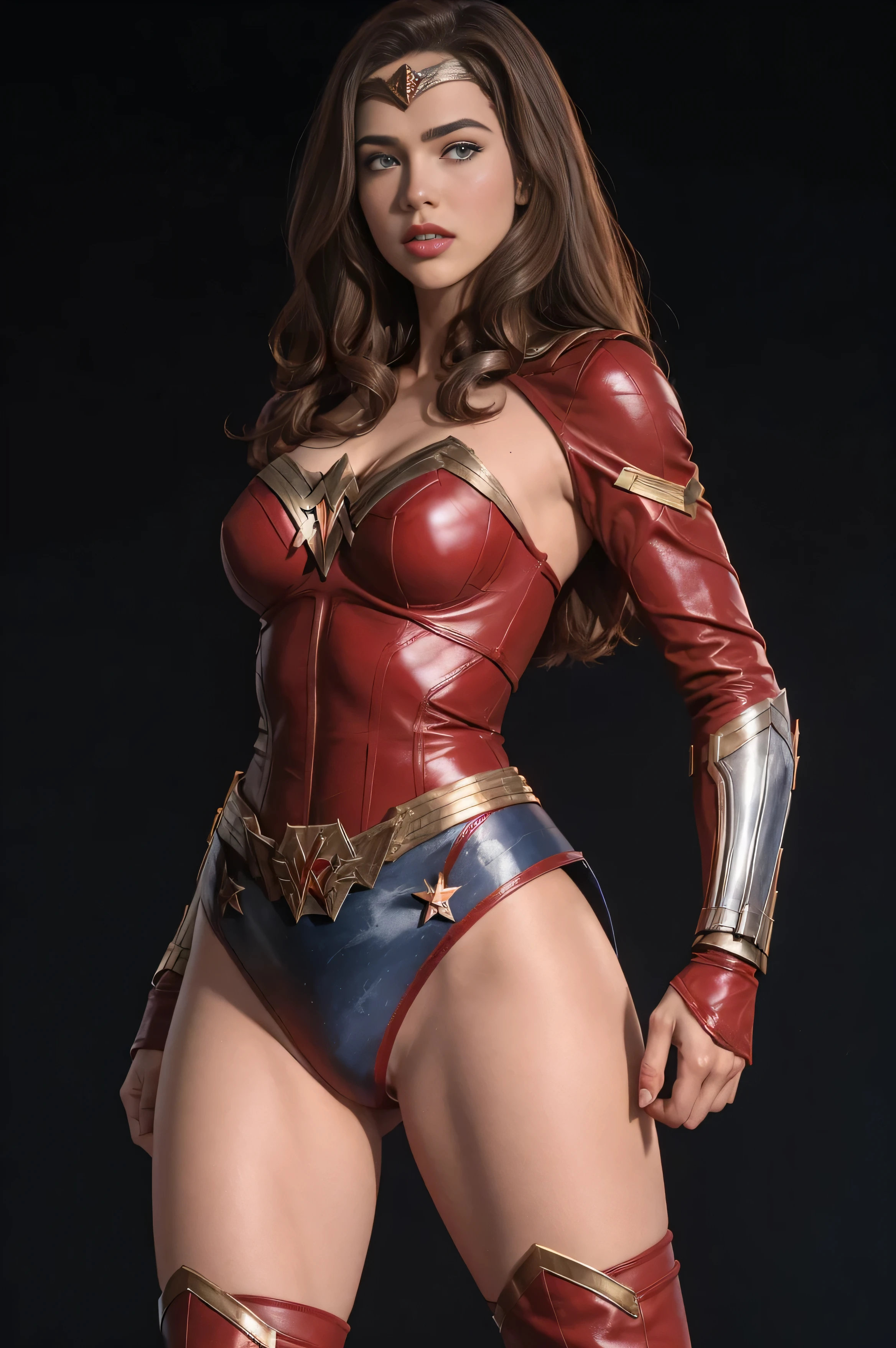 1960s beli movie poster showing Wonder Woman as the superheroine, brown long wavy hair, blue eyes, red lips, broad shoulders, olarge breast, muscular body, long shapely legs, side view in a dynamic pose with her head turned towards the camera, tight fitting blue and red leather armor, red wears a belt, high-heeled red leather boots, red and black background