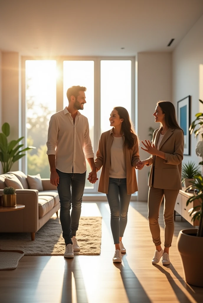 "Create an image of a couple walking through a modern home with a real estate agent. The couple is holding hands, looking excited as they explore the living room, which is bright and spacious with large windows. The real estate agent is pointing out features, and the atmosphere is warm and welcoming, capturing the hopeful anticipation of finding their dream home."