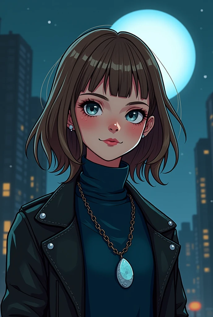 Young Brazilian human with an alternative grunge style, wearing normal clothes, fascinated by Greek mythology and supernatural creatures., deep connection with the dark forces of the night, A horror RPG, mystery and investigation set in modern times, the basic image, occultist, medium-long fringe hair, light brown hair color, very fair skin, moonstone necklace, at night with the moon, wearing a navy blue long sleeve turtleneck shirt, leather jacket, outgoing, animated cartoon, piercings, mysterious, 耳环, Paranormal order Cellbit