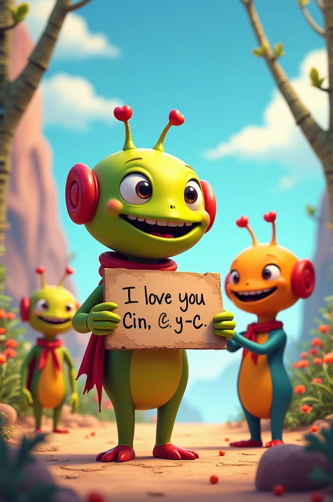 Generates an image where there are aliens in the form of an animated cartoon, and one of the aliens has a sign that says "I love you Cin, C Y C" 