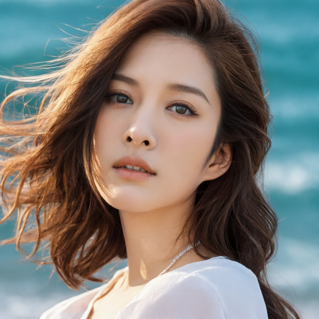 1girl, upper body, Realistic photograph best quality portrait of a beautiful gorgeous young cute Asian woman, 24yo., looking at viewer, detailed face, Realistic texture human skin, bright glowing face, droopy hooded eyes, wavy nose, wind tousled short hair, seaside, (((young Marion Cotillard blended face mixed with young Anne Hathaway))), wearing white monk clothes, hand up to swing up hair, flirting smiling portrayal, ethereal girl, intimate lighting sturdy, real photo, brown eyes, best quality, masterpiece, Leica SL3, Summicron-SL 75mm ASPH, F/1.8, (cinematic still:1.2), Film Never Die Kiro 400 film, bokeh, rim lighting, silhouette, shallowed depth of field,
