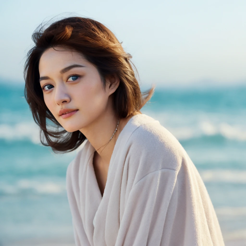 1girl, upper body, Realistic photograph best quality portrait of a beautiful gorgeous young cute Asian woman, 24yo., looking at viewer, detailed face, Realistic texture human skin, bright glowing face, droopy hooded eyes, wavy nose, wind tousled short hair, seaside, (((young Marion Cotillard blended face mixed with young Anne Hathaway))), wearing white monk clothes, hand up to swing up hair, flirting smiling portrayal, ethereal girl, intimate lighting sturdy, real photo, brown eyes, best quality, masterpiece, Leica SL3, Summicron-SL 75mm ASPH, F/1.8, (cinematic still:1.2), Film Never Die Kiro 400 film, bokeh, rim lighting, silhouette, shallowed depth of field,
